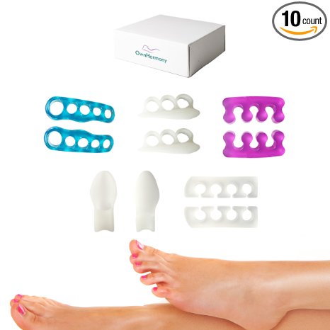 Toe Separators 10 Pieces by Own Harmony - Best for Foot Pain Relief from Bunion, Plantar Fasciitis, Hammer Toes, Flat Feet, Hallux Valgus- Silicone Gel Yoga Stretchers - Pedicure Tools for Men & Women