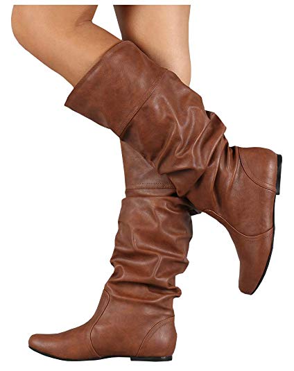 LAICIGO Womens Wide Calf Boots Slouchy Knee High Flat Leather Fall Winter Casual Boot Shoes
