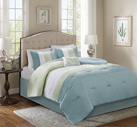 Comfort Spaces – Windsor Comforter Set- 5 Piece – Aqua, Green, Off-White – Pintuck pattern – Full/Queen size, includes 1 Comforter, 2 Shams, 1 Decorative Pillow, 1 Bed Skirt