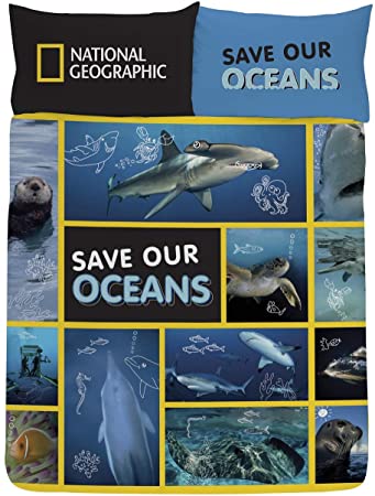 National Geographic Bedding for kids and adults, Reversible Single & Double Duvet Cover Made From Recycled Plastic Bottles, Sea Life Animals Underwater Creatures Bed Set (Double)