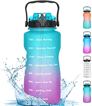 Half Gallon Water Bottle with Straw: Favofit Motivational Water Bottles with Times to Drink - 64 oz BPA-free Plastic Jug with Time Marker for Fitness Gym Sports & Outdoor - Green/Purple Gradient