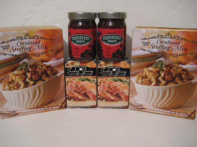Trader Joe's Thanksgiving Bundle, 2- Cornbread Stuffing Mix, 2- Cranberry Sauce, 2- Turkey Gravy!. Enjoy!