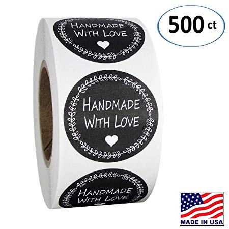 1.5" Inch Round Handmade with Love Stickers in Black and White, 500 Labels per Roll.