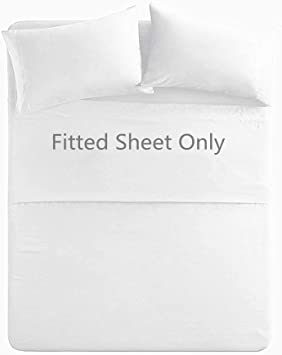 Queen Size Premium Cotton Fitted Sheet Only - 300 Thread Count Pure Natural Cotton Fabric - 15" Deep Pocket,Breathable,Ultra Soft & Silky (Queen,White)