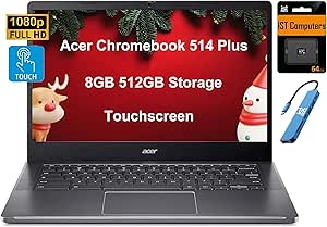 Acer Chromebook Plus 514 Touchscreen Laptop (14" FHD, Intel 8-Core i3-N305, 8GB RAM, 512GB SSD, 2TB Cloud Storage) Business, Enterprise, Students, 11-Hr Long Battery Life, IST HUB, Webcam, Chrome OS