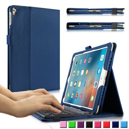 iPad Pro 97 Keyboard Case Infiland Folio Slim Fit PU Leather Case Cover with Magnetically Detachable Bluetooth Keyboard For Apple iPad Pro 97 Inch 2016 Release Tablet Navy