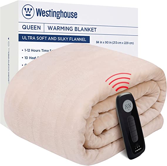 Westinghouse Electric Blanket Queen Size, Heated Blanket with Wireless Remote Control, 10 Heating Levels & 1 to 12 Hours Time Settings, Machine Washable, 84" x 90" (Beige, Flannel)