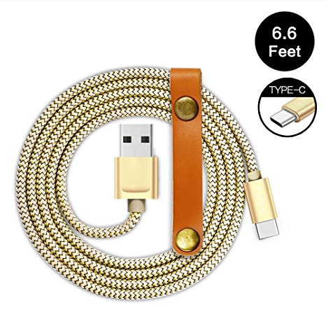 JS 6.6ft USB Type C Cable Hi-speed Nylon Braided 56kΩ USB-C to USB-A Cable with Cable Tie for the Apple New Macbook ChromeBook Pixel Nexus 5X Nexus 6P Galaxy note 7 LG G5 HTC 10 and More(Gold)