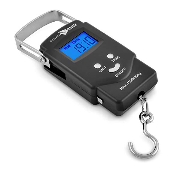 South Bend Digital Hanging Fishing Scale with Backlit LCD Display, 110lb/50kg Weight Capacity, Built-in Tape Measure, 2 AAA Batteries Included