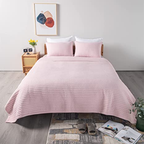 Kasentex Quilt Mini Set - Stone Washed - Super Soft Bedspread - Light Weight - White Down Alternative Microfiber Fill - Machine Washable - Solid Colors, Twin 2 Shams, Pink