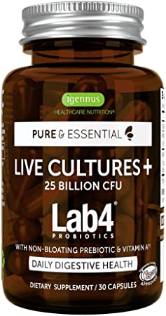 Live Cultures  Lab4 Probiotics & Non-Bloating Prebiotic, Guaranteed 25 Billion CFU Lactobacillus Acidophilus & Bifidobacterium, Gut Health Supplement for Men & Women, Vegan, 30 Capsules, by Igennus