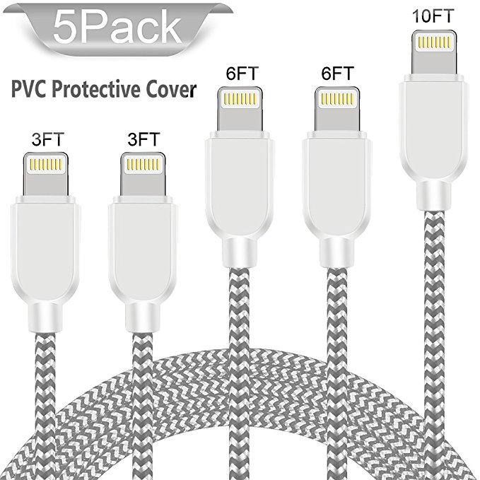 Lightning Cable, WSCSR -5 Pack[3FT 3FT 6FT 6FT 10FT] iPhone Charger Extra Long Nylon Braided USB Cable for iPhone X/8/8 Plus/7/7 Plus/6/6 Plus/5s, iPad Pro Air 2 and More-Silver Grey
