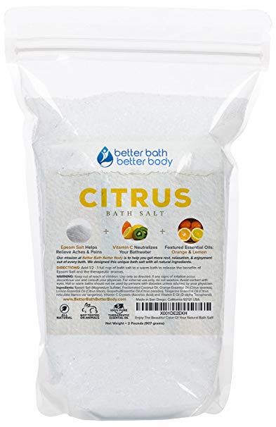 Citrus Bath Salt 32oz (2-Lbs) Epsom Salt With Orange, Lemon, Grapefruit, Tangerine Essential Oils Plus Vitamin C Crystals - Uplifting Aromatherapy Citrus Bath Soak