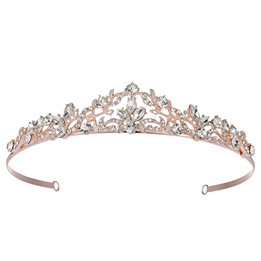 SWEETV Rose Gold Wedding Tiara for Bride, Rhinestone Princess Tiara Headband Birthday Crown, Bridal Hair Accessories for Women