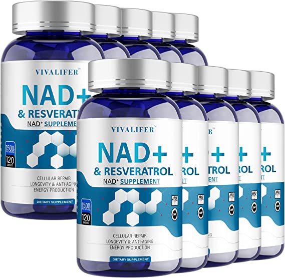 NAD Supplement 1500mg, 99% Ultra Purity NAD & Trans-Resveratrol Supplement Enhanced Absorption, Promotes Anti-Aging, Skin Health and Promotes Immune - 10PACK Total 1200 Capsules