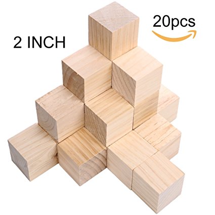 Supla 20pcs 2 inch Wooden Cubes Unfinished Wood Blocks for wood crafts, wooden cubes, wood blocks, Great for Baby Showers (20pcs)