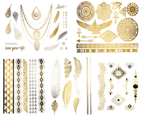 Beautiful Metallic Tattoos - Over 50  Stylish Designs - Silver, Black, and Gold Temporary Metallic Tattoos. Stylish Fake Shimmer Jewelry Including Bracelets, Necklaces, Feathers, Doves, Dreamcatcher, Arrows, Stars and More! (Azalea Collection)