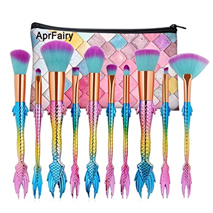 AprFairy 2017 Mermaid Makeup Brushes Set 10pcs with Pink Plaid Makeup Bag Ultra-soft Bristles Face Foundation Beauty Tools Blush Concealer Contouring Make Up Brush Kit - Colorful Gradient