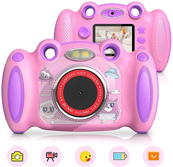 Campark Kids Camera for 4-8 Year Old Girl Gifts Front and Rear Selfie Digital Camera for Toddler Elementary Students with 2 inch Screen Anti-Drop Game Pink Child Camera