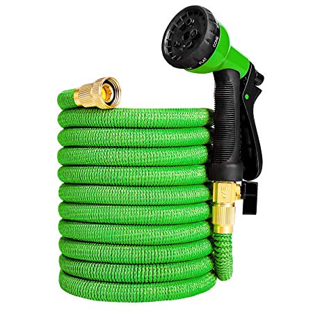Ordekcity 50ft Garden Hose Expandable Water Hose Double Latex Core, Flexible Expanding Hose Metal 8 Function Spray Nozzle, Green (50ft)