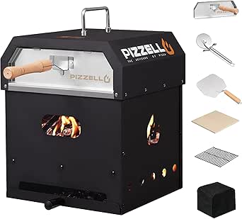 12" Outdoor Pizza Oven 4 in 1 Wood Fired Pizza Ovens 2-Layer Pellet Pizza Stove Portable for Outside w/Oven Door, Pizza Cutter, Stone, Peel, Cover, Pizzello Gusto Pro