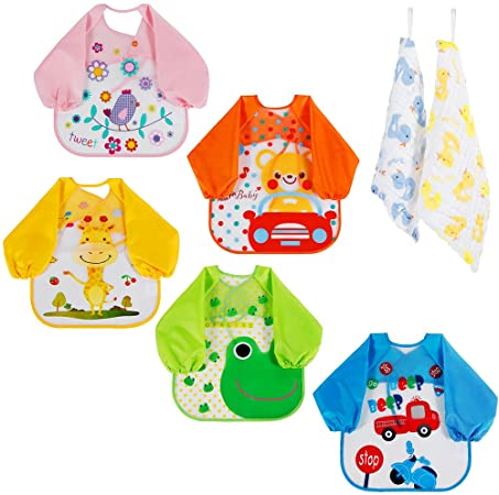 Lictin Bibs with Sleeves, Set of 5 Unisex Baby Waterproof Long Sleeved Bibs for 6-month Infants to 3-year-old Toddlers with 2 pcs 100% Cotton Baby Handkerchief (Cute Duck Design)