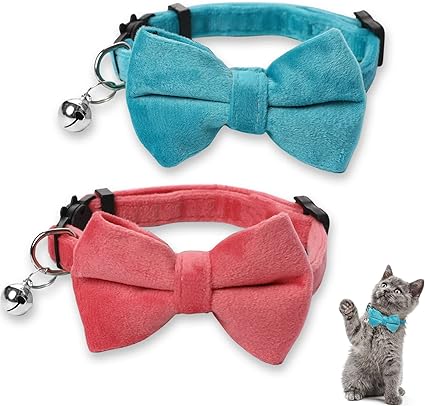 2 Pcs Velvet Cat Bow Tie Collar Breakaway Cat Collar with Bell Adjustable Bowtie Kitten Small Puppy Safety Collar Solid Color Set Pet Bow Tie Collar (Pink, Blue)