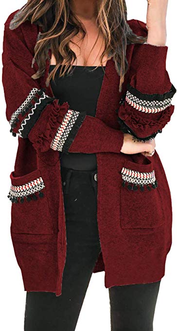 BTFBM Women Boho Long Sleeve Open Front Knit Cardigan with Pockets Bohemian Knitted Sweater Outwear Coat Tops