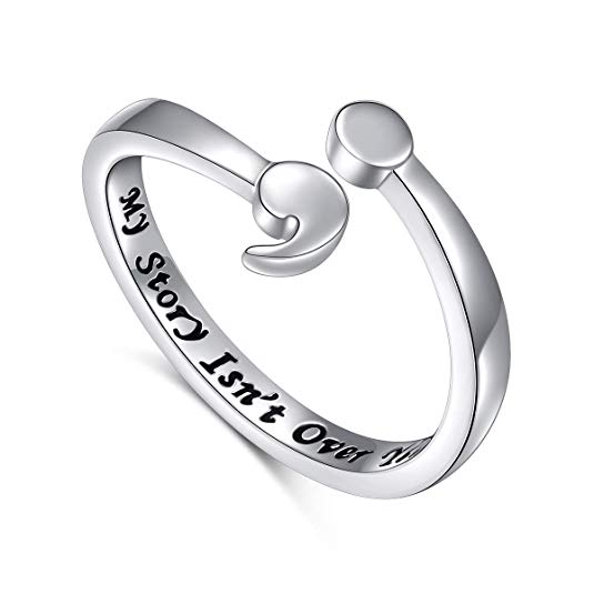 Ladytree My Story Isn't Over Yet Sterling Silver Semicolon Unadjustable Ring This Too Shall Pass Suicide Awareness Jewelry Size 5-10