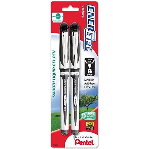 Pentel EnerGel Deluxe Liquid Gel Pen, 1.0mm, Bold Line, Metal Tip, Black Ink, 2 Pack (BL60BP2A)