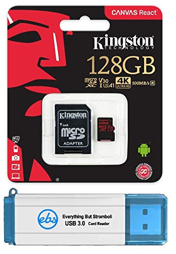 Kingston 128GB SDXC Micro Canvas React Memory Card and Adapter Bundle Works with GoPro Hero 7 Black, Silver, Hero7 White Camera (SDCR/128GB) Plus 1 Everything But Stromboli (TM) 3.0 TF/SD Card Reader