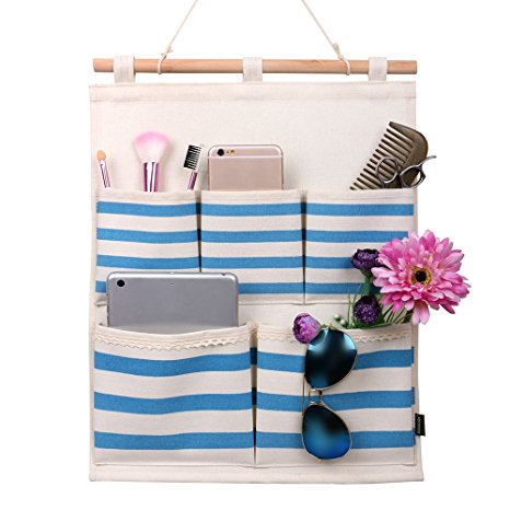 Homecube Linen Cotton Fabric 5 Pockets Wall Door Cloth Hanging Storage Bag Home Organizer (Navy Stripe)