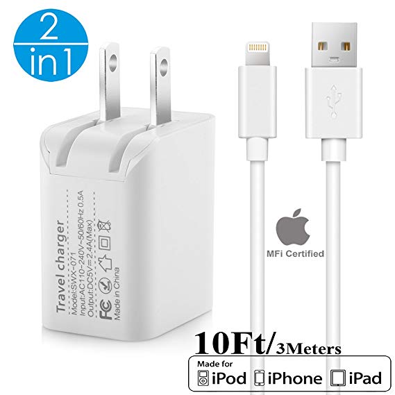 2in1 [ Apple MFi Certified ] 3Meters/10Ft Lightning Cable/Cord   Dual Port USB Wall Plug Charger Block/Charging Cube/Power Brick Adapter for iPhone Xs XR X 8 Plus 7 6s 6 5 5s 5C SE iPad Air Pro Mini