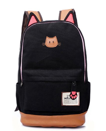 Moolecole Leather and Canvas Backpack School Bag Laptop Bag with Cats Ears Design