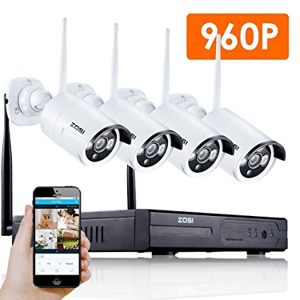 [Better Than 720P] ZOSI WIFI NVR Wireless Security Camera System with 4 Wireless IP 960P wide angle lens Outdoor Night Vision security CCTV Cameras Plug and Play Smart Phone APP Remote View