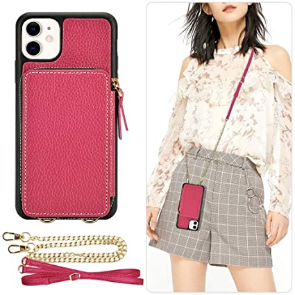 ZVE iPhone 11 Wallet Case, iPhone 11 Zipper Case with Card Holder Slot Crossbody Chain Strap Handbag Purse Wrist Strap Shockproof Leather Case Protective Cover for iPhone 11 6.1 inch - Rose Purple