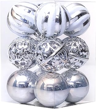 Amooca Christmas Balls Ornaments Xmas Tree Hanging Decoration Glittery 12pc 2.4in New Year Holiday Party Baubles Set Silver White