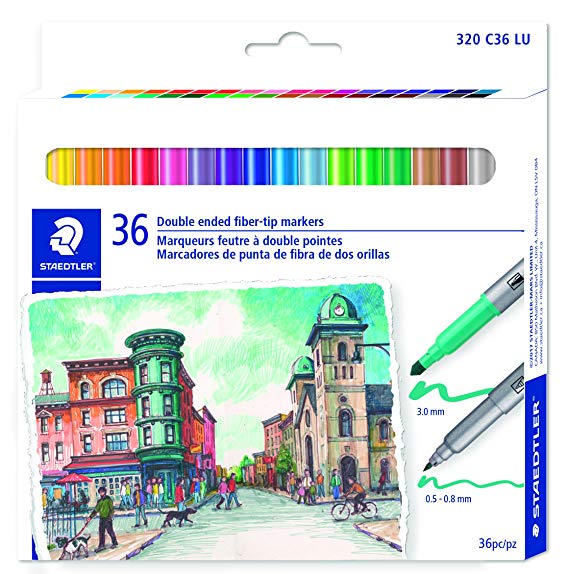STAEDTLER double ended fiber-tip markers, for sketching, drawing, illustrations, and coloring, 36 vibrant colors, washable, 320 C36 LU