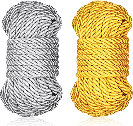 Braided Twisted Silk Ropes 8mm Diameter Soft Solid Braided Twisted Ropes Decorative Twisted Satin Shiny Cord Rope for All Purpose and DIY Craft (Yellow, Silver,2 Pieces)