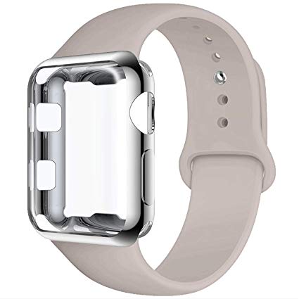 GBPOOT Compatible for Apple Watch Band 38mm 40mm 42mm 44mm, Soft Silicone Replacement Sport Wristband with Apple Watch Screen Protector Case Compatible for Apple Watch Iwatch Series 1/2/3/4