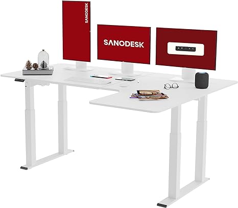 SANODESK Höhenverstellbarer Schreibtisch (180x110 cm) - L-förmiger Schreibtisch höhenverstellbar mit Dual Motor, Memory-Steuerung (Weiß)