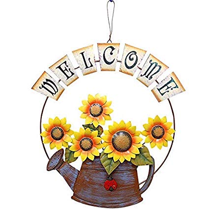 Garden Themed Sunflower Welcome Sign, Vintage Metal Sunflower and Watering Can Design Welcome Door Sign for Front Door 15.5X14, Hanging Welcome Wall Plaque Home Garden Decor