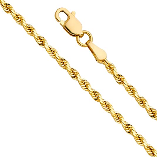 14k REAL Yellow Gold SOLID 2mm Rope Diamond Cut Chain Necklace with Lobster Claw Clasp