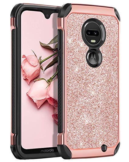 BENTOBEN Moto G7 Case, Moto G7 Plus Case, Glitter Bling Slim Shockproof 2 in 1 Hard PC Soft Bumper Dual Layer Shiny Sparkly Protective Phone Cases Cover for Motorola Moto G7/G7 Plus (2019), Rose Gold