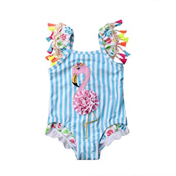 Kids Toddler Baby Girl One Piece Swimsuit Beach Wear Striped Flamingo Tassels Swimwear Bathing Suits 0-6T