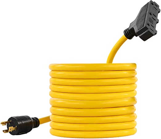 Houseables 30 AMP Extension Cord, L5-30P to 5-15R, 25 ft, 1 Pk, 3,750 Watts, 125 Voltage, 3 Prong, 3 Outlet, Electrical Power Equipment, for Generator, Rubber, Generators Accessories, Yellow Cords