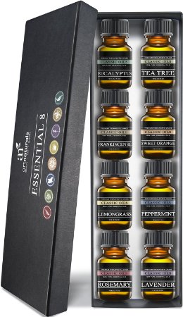 Art Naturals Top 8 Essential Oils - 100 Pure Of The Highest Quality Essential Oils - Peppermint Tee Tree Rosemary Orange Lemongrass Lavender Eucalyptus and Frankincense - Therapeutic Grade Great For Massage Aromatherapy Healing Revitalizing SPA Treatments Focus Meditation and Much More