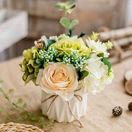 Artificial Flowers Fake Flowers Silk Rose Bouquets Decoration with Ceramics Vase for Table Home Office Wedding (Mix Color-1)