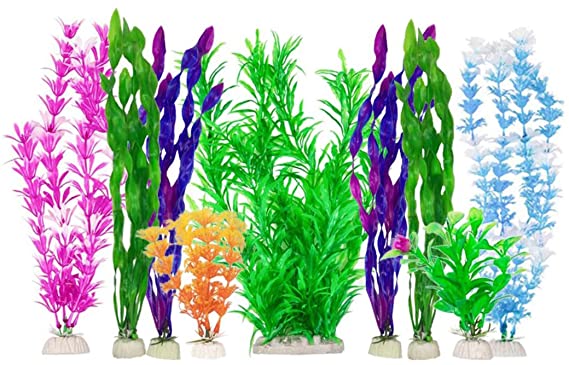 CNZ Assorted Color Aquarium Plastic Plant Decoration w Ceramic Base (9-Piece Assorted)