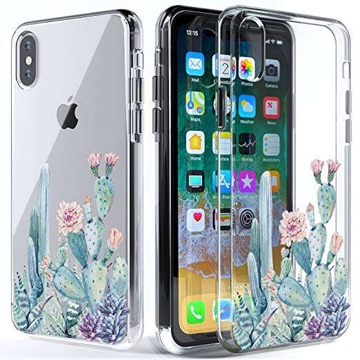 LUOLNH iPhone X Case,iPhone Xs Case with Flowers,Slim Clear Chrome Gold Floral Pattern Soft Flexible TPU Back Cover Case for iPhone X 2017/ iPhone Xs 2018 -Cactus Flower